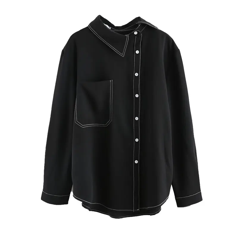  XITAO Match All Elegant Black Shirt Fashionable Skew Collar Irregular Pocket Blouse Top Clothes 201