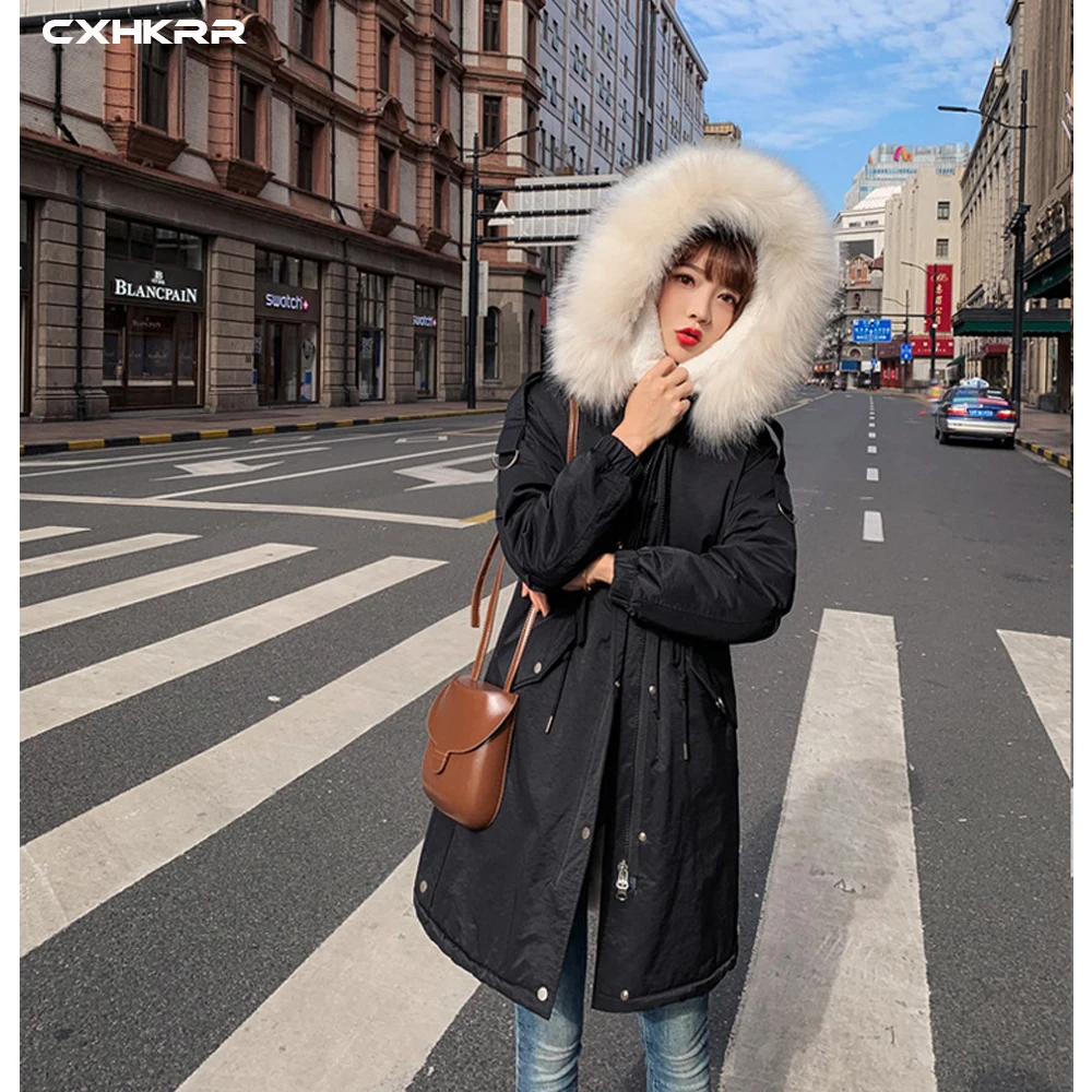 CXHKRR Fashion Long Parka Coat Jacket Oversized Cotton Jacket Women Winter Faux Fur Collar Hooded Jacket Cotton Women