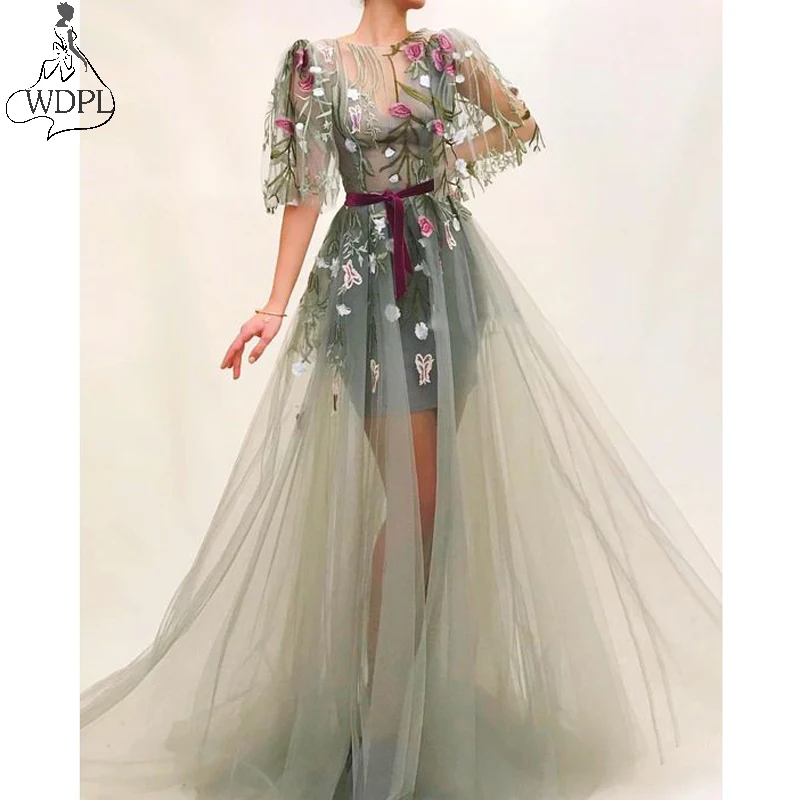 

Olive Green Tulle Prom Dresses Fashion Embroidery Flowers Short Sleeve Evening Dress abendkleider Custom Made Formal Party Gown