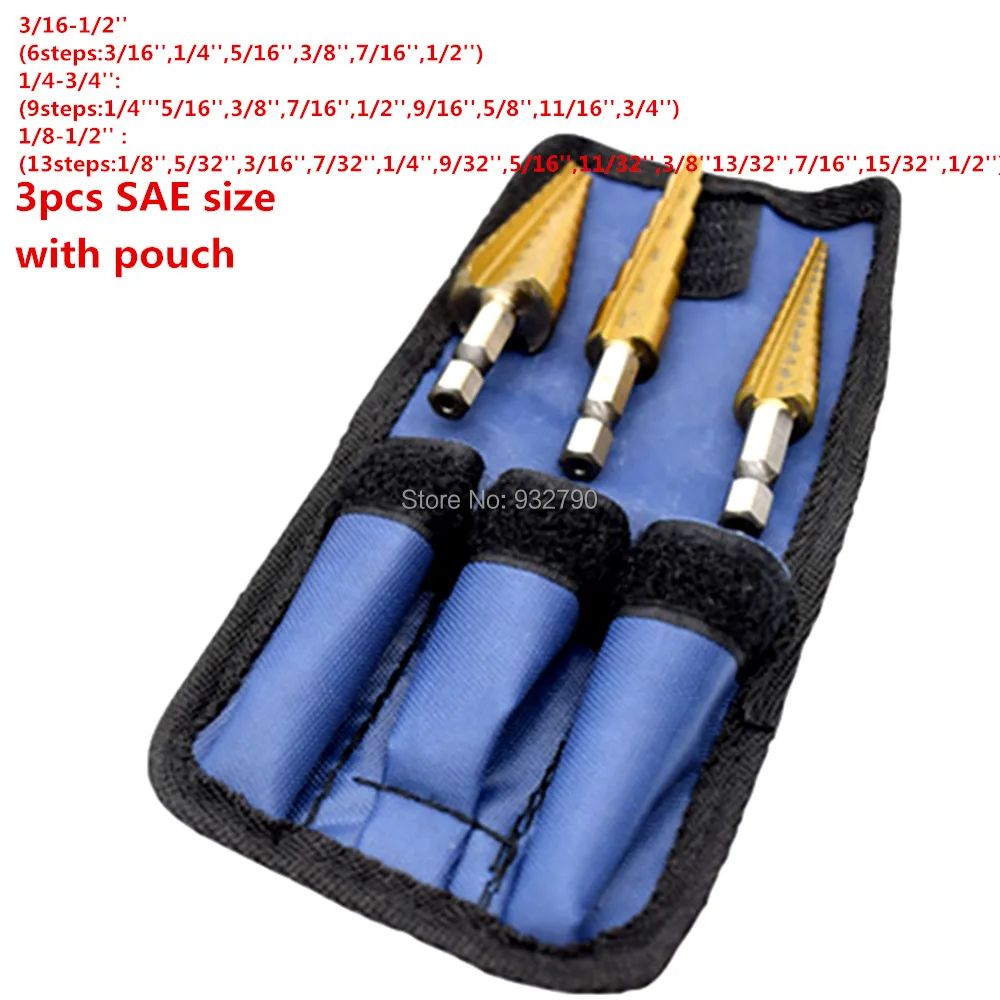 

3pcs Titanium Step Drill Bit Set 3/16"-1/2" 1/4"-3/4' 1/8"-1/2" Includes Pouch