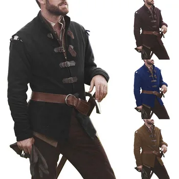 

2020 New Medieval Classic Officer Coats Men's Costume Solid Stand Collar Leather Buckle Trench Coat Men Plus Size 5XL Outcoats