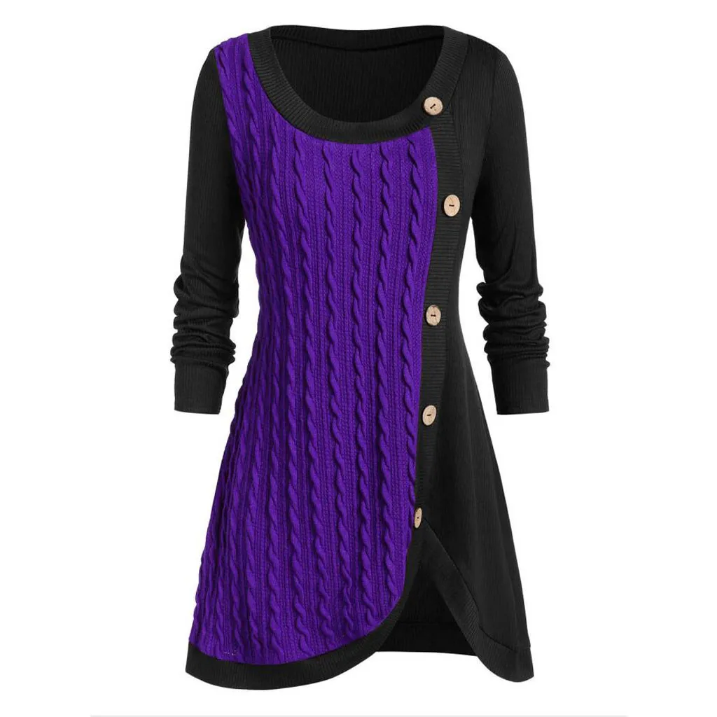 Зимний Однотонный свитер-туника размера плюс 5XL на пуговицах, женский теплый вязаный пуловер с длинным рукавом, женский джемпер, женские топы - Цвет: Purple