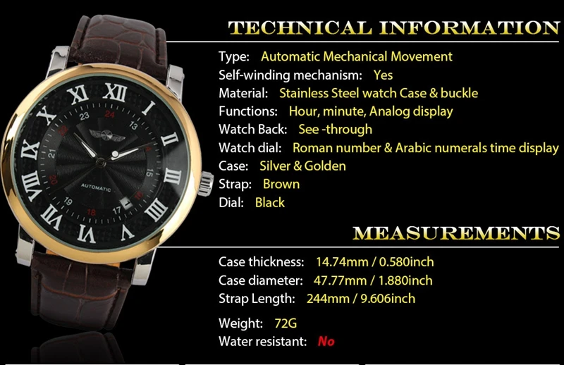 WINNER Top Brand Gold Sport Wristwatches Rome Number Fashion Men Self wind Automatic Mechanical Calendar Leather Watch Clock