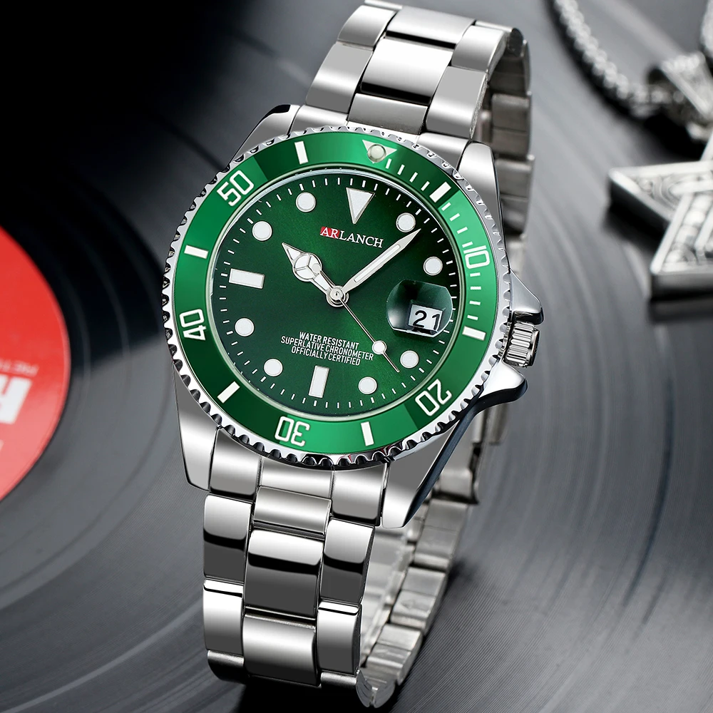 Новая мода для мужчин s часы золото зеленый сталь кварцевые наручные часы для мужчин зеленый мужской часы спортивные часы для мужчин ARLANCH Relogio Masculino