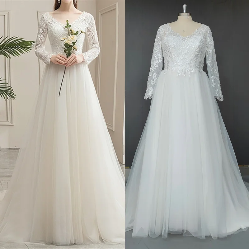 

4310#A-Line Button V Neck Lace Open Back Long Sleeve Plus Size Vintage Corset Wedding Dress Sweep Train Bride Dress