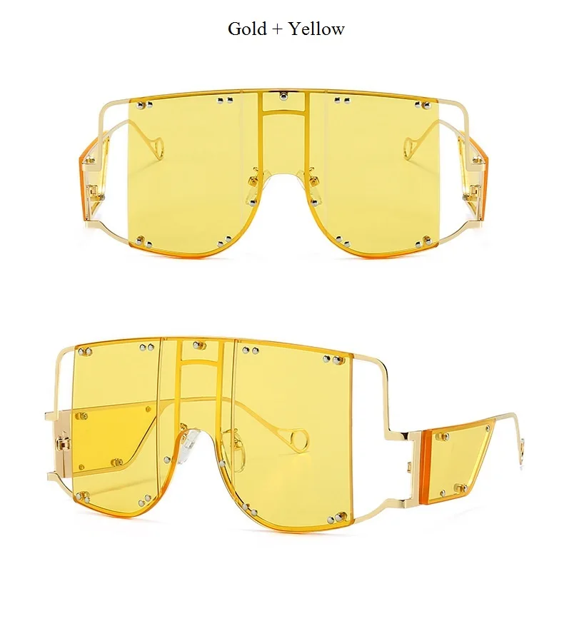 gold yellow Роскошный бренд, новинка, солнцезащитные очки в стиле панк для мужчин, металлические негабаритные солнцезащитные очки для женщин, красные, желтые линзы, Большая квадратная оправа, зеркальные, UV400 - Цвет линз: gold yellow