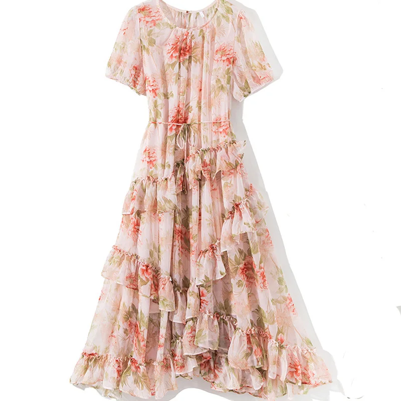 

Holiday Vacation Summer Woman Maxi Dress Short Sleeve High Waist Lace Up Ruffles Floral Print Chiffon Dress Elegant Vestidos