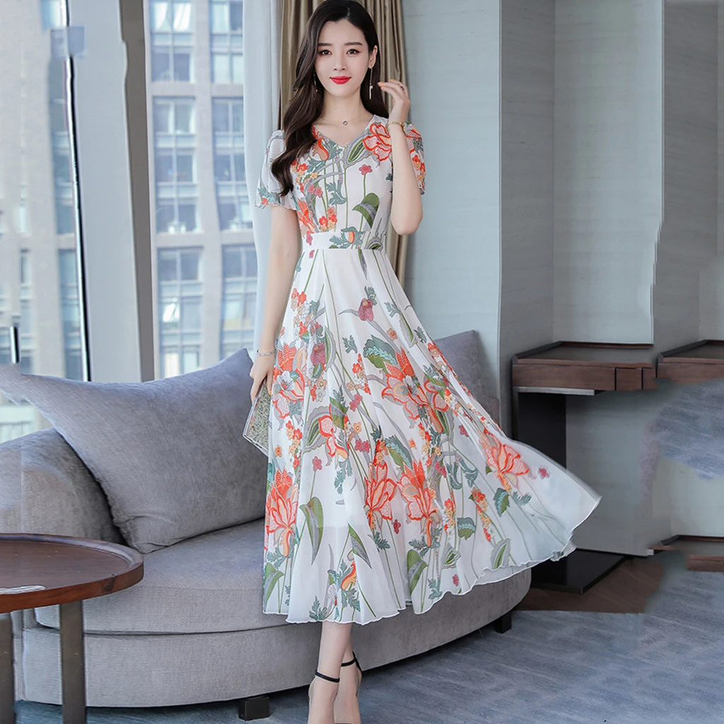 夏東南アジアドレス女性ファッションカジュアル女性vネック半袖ロング花スリムaラインドレス Zhenskoe Plate 40 ドレス Aliexpress