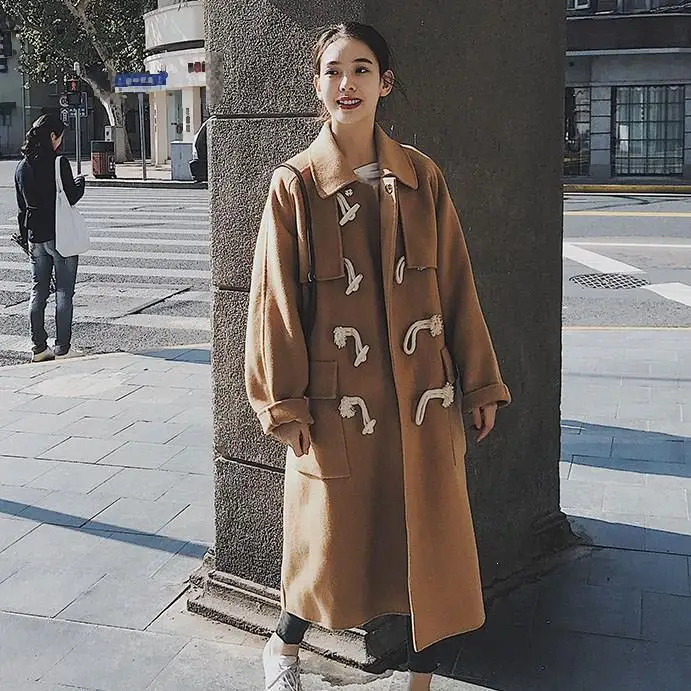Japan Style Women Horn Buckle Jacket Vintage High Quality Loose Coat Long Girl Coat
