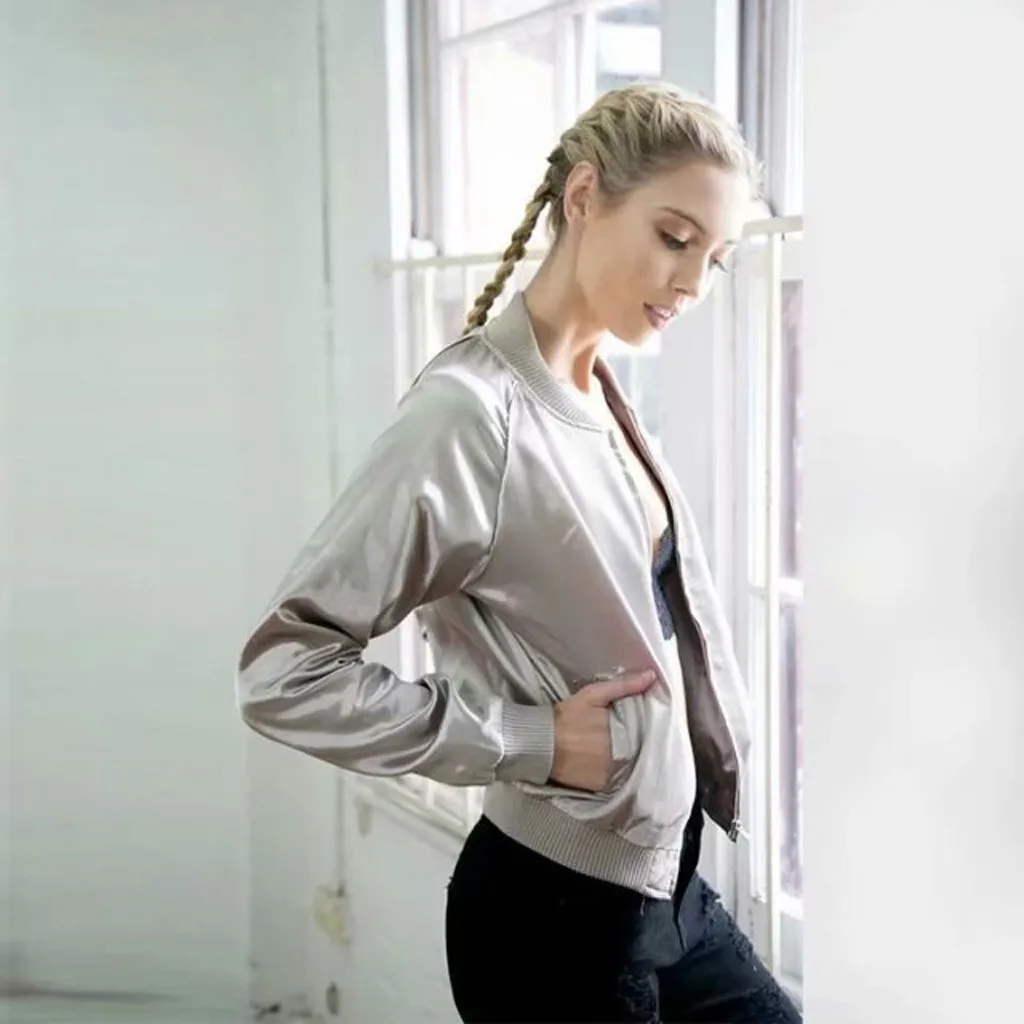 

New satin baseball uniform short cotton jacket Women Slim Biker Motorcycle Soft Zipper Short Coat Jacket Pocket Trench Coat
