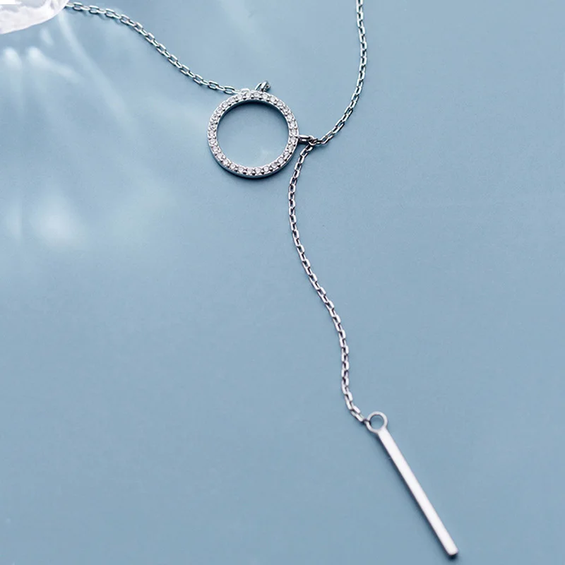 Trendy 925 Sterling Silver Circle AAA Zirconia Long Chain Necklace Shiny Stick Pendants Necklace For Girl Gift Fine Jewelry pendant necklace silver necklace