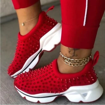 

Women Spring/Autumn Sneaker Rivet Platform Wedges Heels Round Toe Height Increasing Fashion Punk Ladies Shoes Zapatos De Mujer