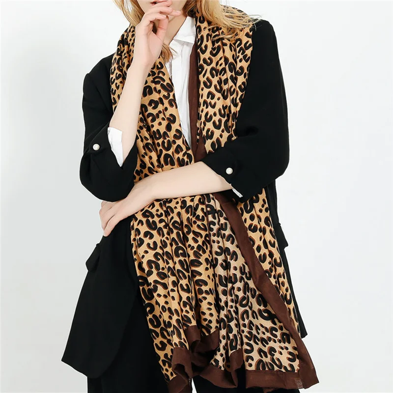 Модный женский шарф с леопардовым принтом, палантин с леопардовым принтом, тонкие хлопковые теплые большие шали и палантины, женские модные шали