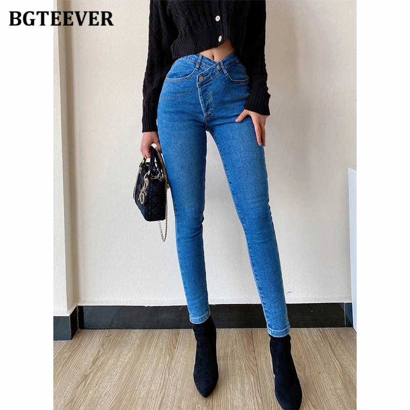 ksubi jeans BGTEEVER 2021 New Jeans Women's High Waist Stretched Hip Slim Fit Skinny Denim Jeans Female Oblique Buckle Pencil Pants Femme blue jeans
