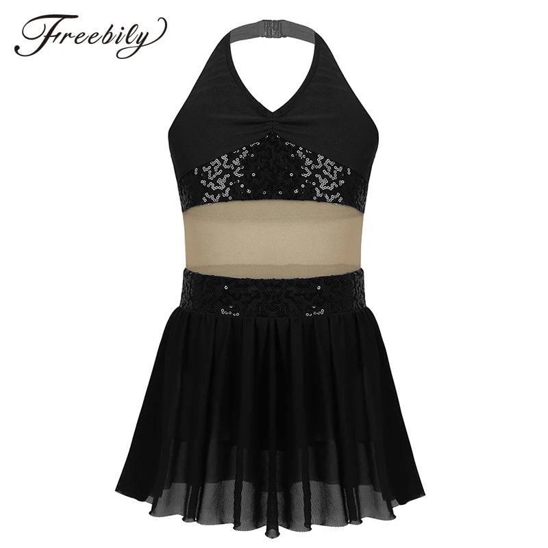 

Girls Halter Sequins Gymnastics Ballet Leotard Mesh Stretchy Child Figure Skating Dress Kids Performance Lyrical Dance Costumes
