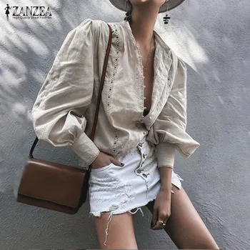 

Fashion Lantern Sleeve Shirts Women's Spring Blouse 2020 ZANZEA Elegant Button Down Blusas Female Lace Patchwork Tops Plus Size
