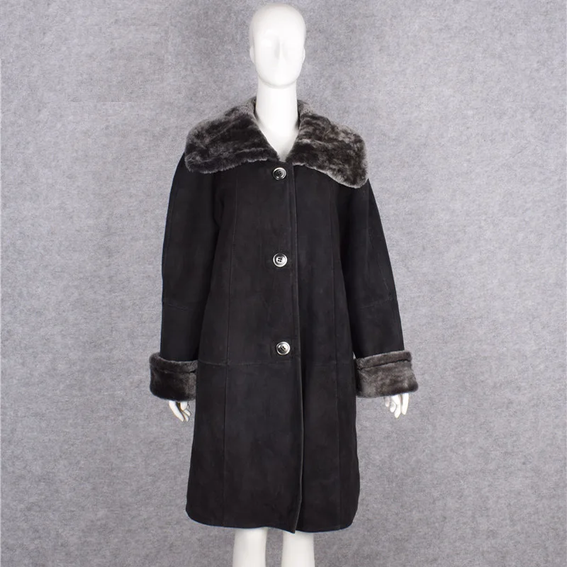 

High street women's winter coat genuine sheepskin shearing woolen cashmere liner warm long jacket black plus oversized xxxxxxl