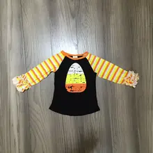 Новые костюмы на Хэллоуин для маленьких девочек черного, желтого цвета в полоску ириски «Кэнди Корн» модный топ, футболка, которые вместе образуют прекрасное платьице для девочек черного цвета с хлопковыми оборками регланы с рисунком
