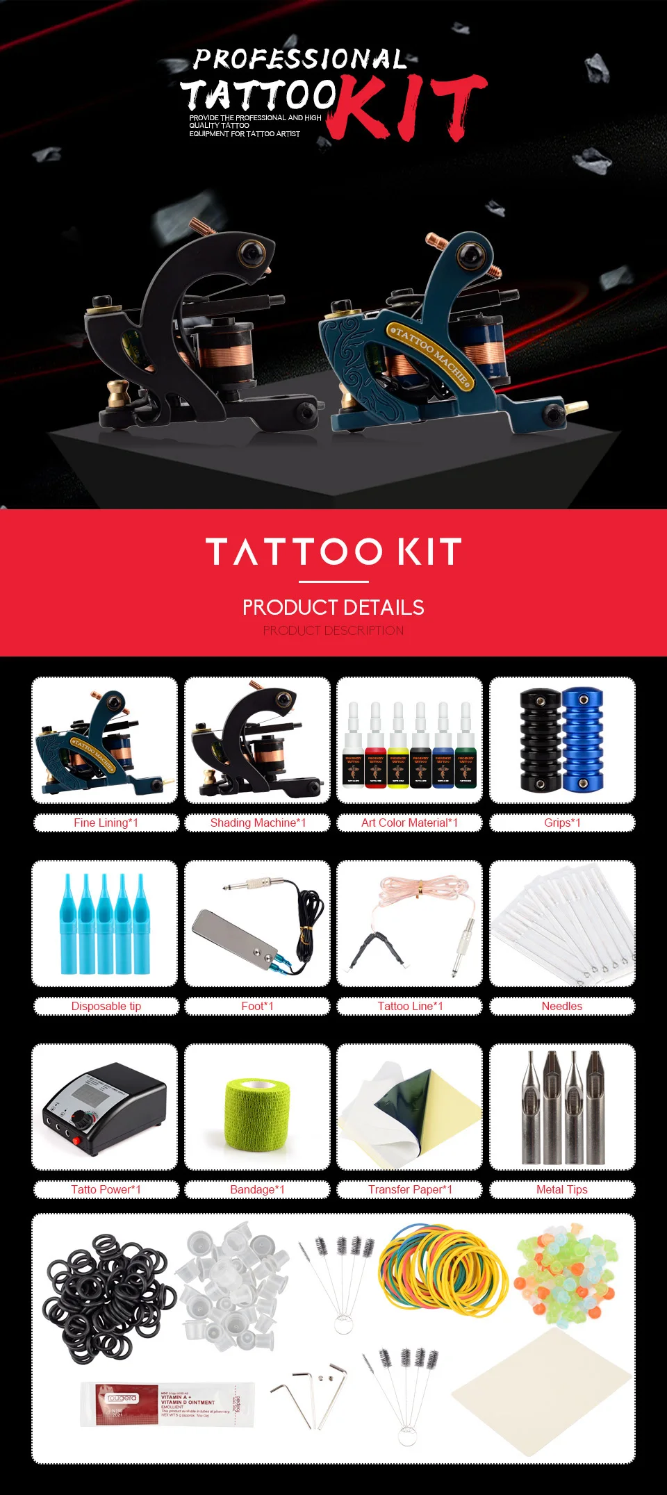 Complete Two Machines Gun Tattoo Kits and Accessories 6/10/20 Colors Tattoo Ink Set Body Art Tattoo Permanent Tattoo Kit Set