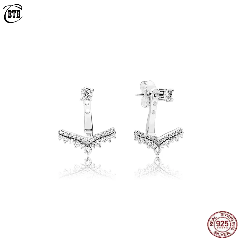 

100% Real PAN 925 Sterling Silver Stud Earrings Clear CZ Princess Wish Woman Earrings Charm DIY Jewelry Valentine's Day Gift