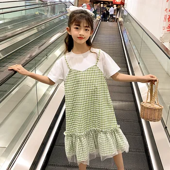 

Green Yellow Teenage Children's Dress Girl 2020 Girl Summer Clothing Plaid Dresses For Girls Casual Cute Dress Kids Clothes