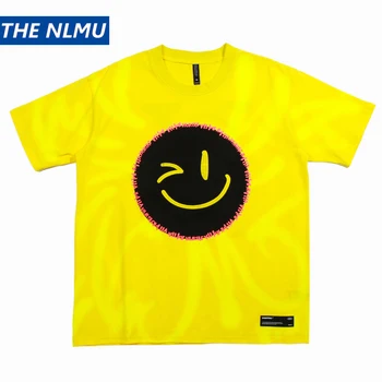 

Summer T Shirt Men Streetwear Smile Face Print Hip Hop T-Shirt Oversize Harajuku Tshirt Short Sleeve Yellow Tops Tees Loose HH72