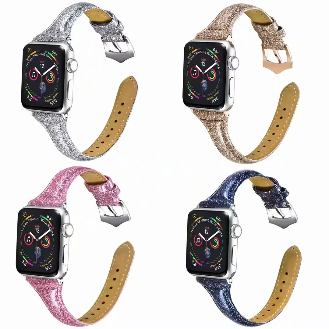 Для наручных часов Apple Watch серии 3/2/1 38 мм 42 мм из блестящей кожи, на платформе, для наручных часов iWatch, сменный ремешок series4 40 мм 44 мм тонкий кабель-браслет на запястье