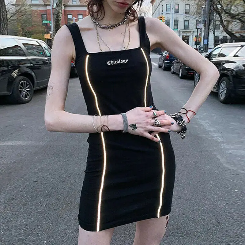 

Reflective Striped White Letters Print Square Collar Mini Dress Women Sexy Sleeveless Casual Slim Long Tank Sundress Streetwear