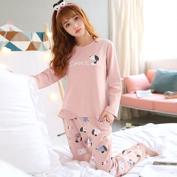 

100% Cotton Homewear Girls Cute Cartoon Dog Pajama Set For Women 2020 Autumn Long Sleeve Pyjama Pijama Mujer Loungewear Clothing