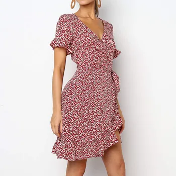 

2020 Sexy Deep V-neck Summer Dress Women Boho Floral Print Mini Party Dress Elegant Ruffle Short Sleeve Beach Dress Robe Ete