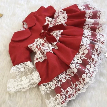 

2PCS Autumn Winter Doll brought Princess Red Lace Vintage Spanish Ball Gown Lolita Party Turkey longsleeves Dress for Bady Girls