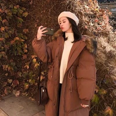 

2018 Winter Maple Leaf Red Hooded Large Fur Collar Long Cotton-padded Clothes Waist Hugging Drawstring down Coat Thick Cotton Co