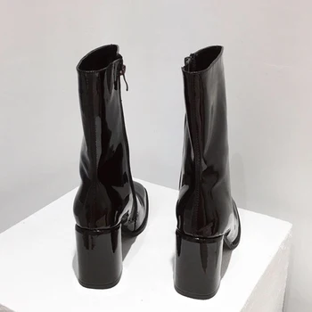 

Block Women 2020 Winter High Heels Patent Leatehr Mid Calf Boots Square Toe Chunky Heels Martin Boots Ankle Boots Big Size Shoes