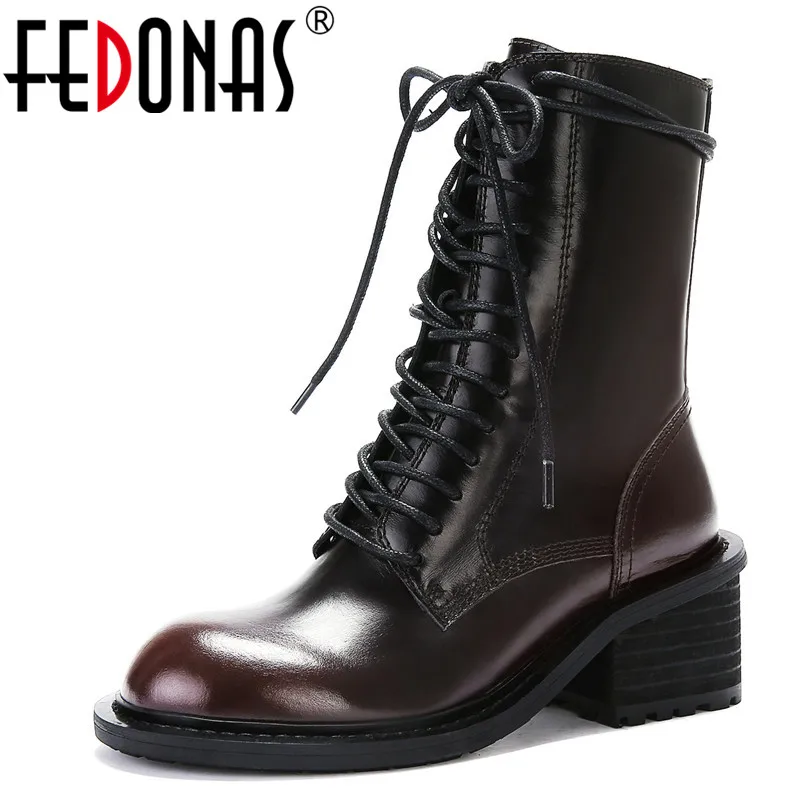 Ceny FEDONAS Punk kobiety w stylu Vintage najwyższej jakości buty do kostki ze skóry naturalnej wysokie obcasy buty motocyklowe buty jesień zima ciepłe krótkie buty
