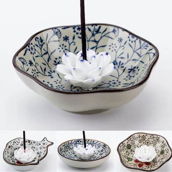 

Ceramic Stick Incense Holder Aroma Burner Flower Fish Round Shape Plate with Lotus Handmade Crafts Home Decor