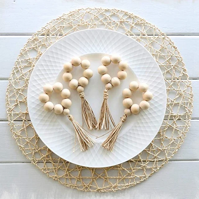 12Pcs Wood Bead Napkin Rings with Tassels Rustic Farmhouse Wood Beads Garland Wall Hanging Decor Weddings Home Decor 5