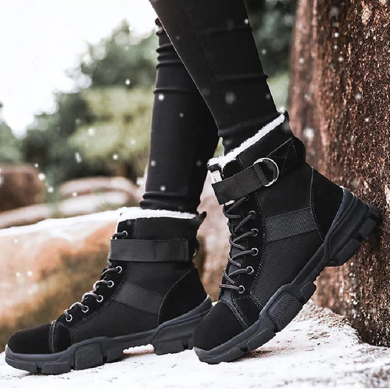 Botines de gamuza de invierno 2019 para mujer, zapatillas de seguridad para el trabajo, de Trekking, botas Martin con cordones de planta gruesa, color negro y caqui|Botas el tobillo| -