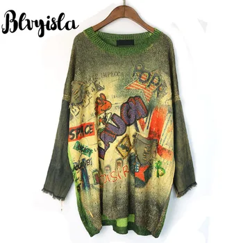 

Blvyisla Printed Oversize Long Sleeve Thin Sweaters Special Retro Jeans Stitching Loose Streetwear Pullover Tops