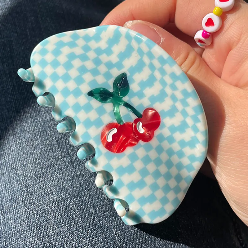 Geometry Irregular Blue Checkerboard Cherry Hairpin Elegant Romantic 