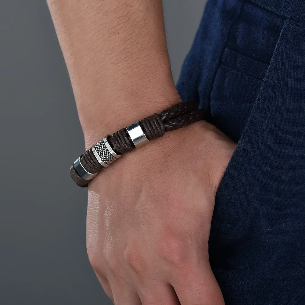 Мужской Многослойный кожаный браслет браслеты из нержавеющей стали с магнитной застежкой Плетеный многослойный браслет на предплечье мужские браслеты