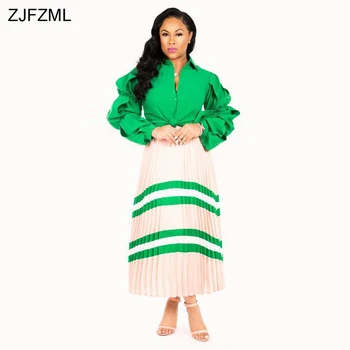 

Green White Striped Print Pleated Skirt Women Sexy Elastic Waist Mid-Calf Length Skirt Summer Female High Waist Beach Skirts