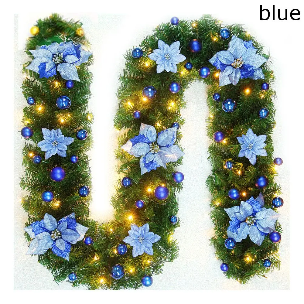 2,7 м искусственная зеленая Рождественская гирлянда, венок, светодиодный светильник, цветная Рождественская елка из ротанга, Висячие подвесные украшения, вечерние украшения для дома - Цвет: Blue with Led