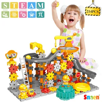 

Construction Engineering Gear Toys Building Set STEM Marble Run Race Track Motorized Spinning Gears Slide W/3 Balls Interlocking