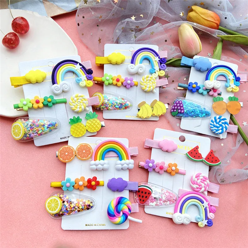 6Pcs Rainbow Fruit Watermelon Barrettes Headwear Set Candy Color Cloud Lollipop Flower Clips Hairpins Hair Accessories For Girls | Украшения