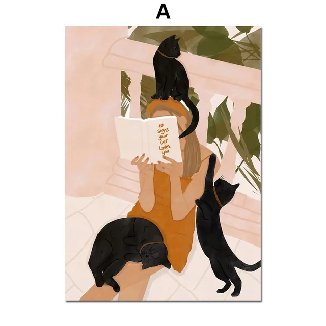 Black Cat Girl Reading Illustration Wall Art Canvas Painting Modern Nordic Posters And Prints Wall Picture For Living Room Decor A