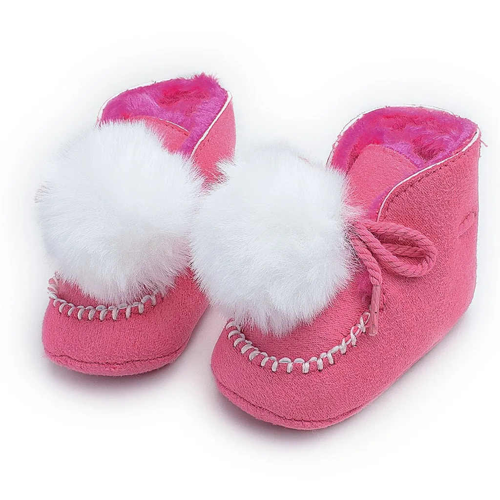 

New Toddler Winter Snow Boots Baby Girls Boy Sweet Fluffy Fur Ball Ankle Boots Newborn Plush Lace Up Warm Crib Shoes