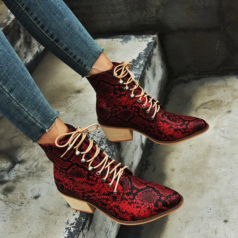 

2019 Women's Winter Boots Serpentine Leather Ankle Snow Boot Pointed Toe Lace Up Snakeskin Print Shoes Mid Heels Riding Boots