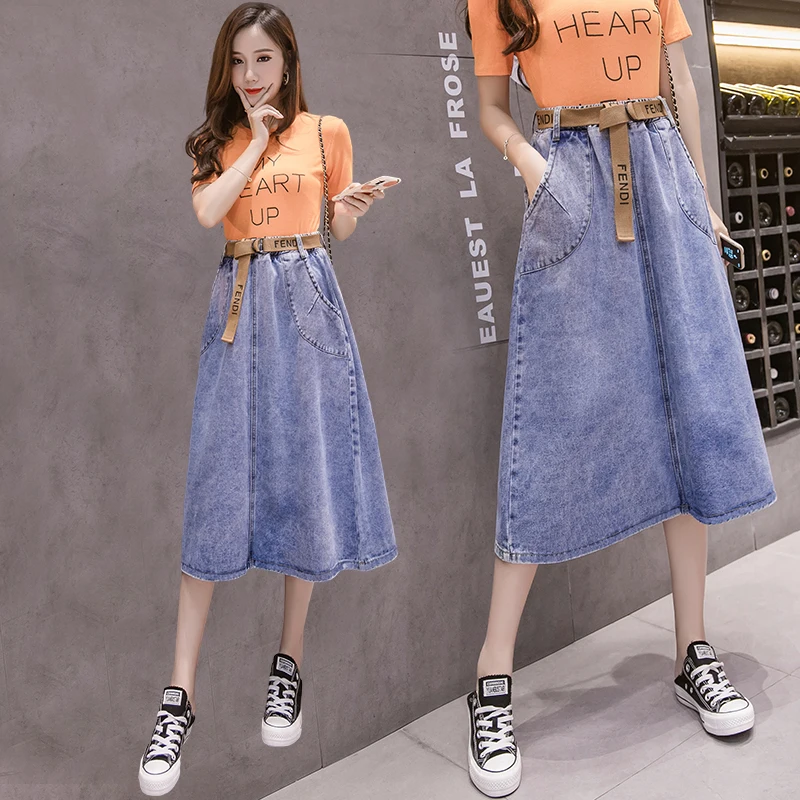 

2019 New Fashion Large Size High Waist Denim Skirt Women Summer Autumn Long Jeans Skirts Female Casual A-line Skirts