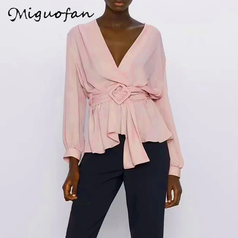 Miguofan Blouse Women fashion pink shirts V Neck Sexy Tops Female Pink Long Sleeves Sashes Patchwork Solid Blusas Office Ladies photo
