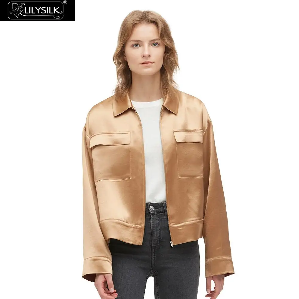 

LilySilk Jacket Handsome Cropped Silk Bomber Womens New Free Shipping